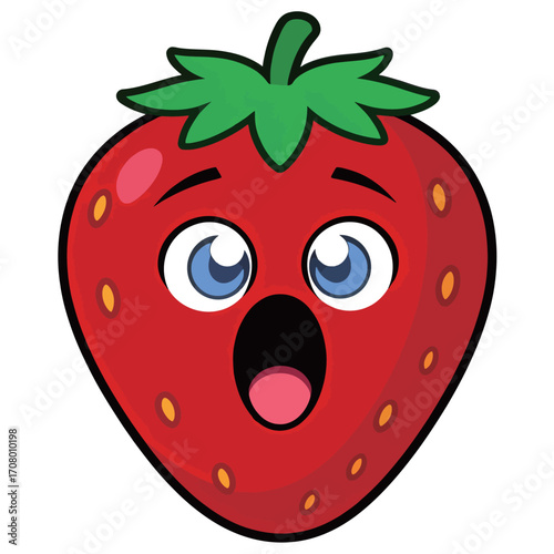Surprised and shocked strawberry with a wide-open mouth, a cute cartoon expression of pure astonishment.