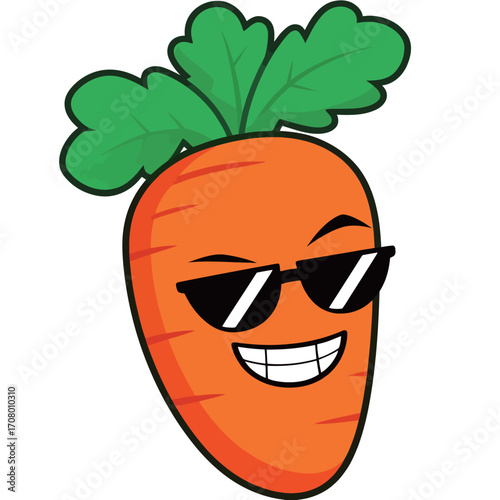Cool cartoon carrot wearing sunglasses, with a confident smile, a fun and healthy vegetable character.