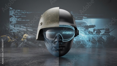 Enhanced Reality Soldier: A compelling image showcasing a futuristic soldier helmet merging traditional gear with advanced technology, illustrating the evolving landscape of combat.