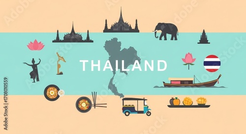 Thailand Travel and Culture Vector Illustration with Landmarks and Symbols