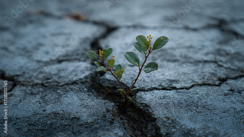 Wallpaper Mural A small plant emerges through cracked concrete, despite the heavy rain around it, symbolizing strength and resilience in the face of emotional hardship. Torontodigital.ca