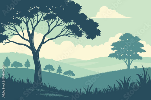 Serene Landscape Illustration with Rolling Hills