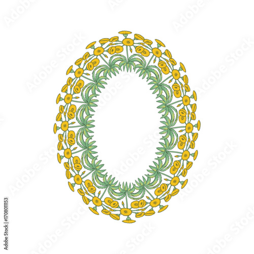 Hand drawn line art canary islands flowers tree sonchus wreath. Card template with cute floral frame