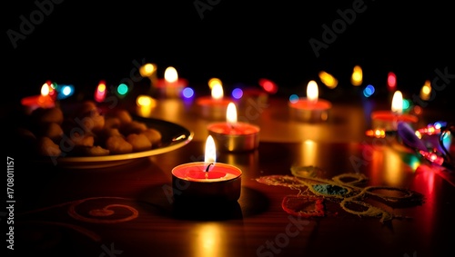 Diwali celebration with lights candles and festive snacks