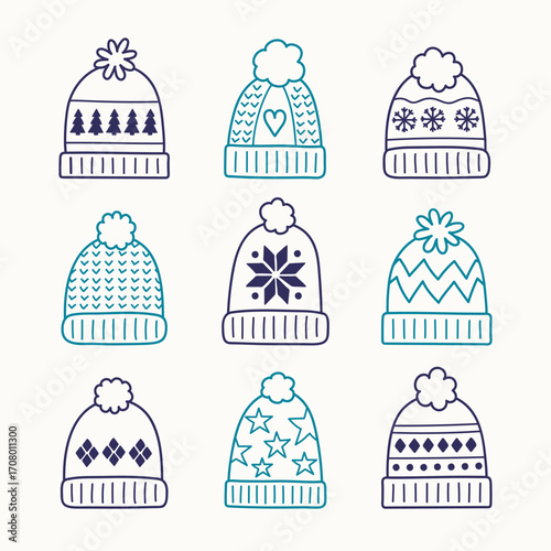 Colourful hand drawn winter hat set. Christmas elements. Vector illustration
