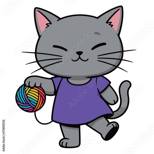 Cute cartoon gray cat with a big smile, holding a colorful ball of yarn, a playful and fun character.