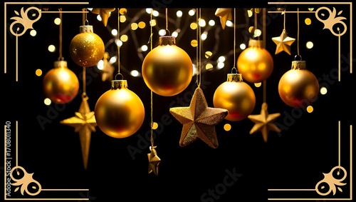 Elegant golden Christmas ornaments and festive lights backdrop
