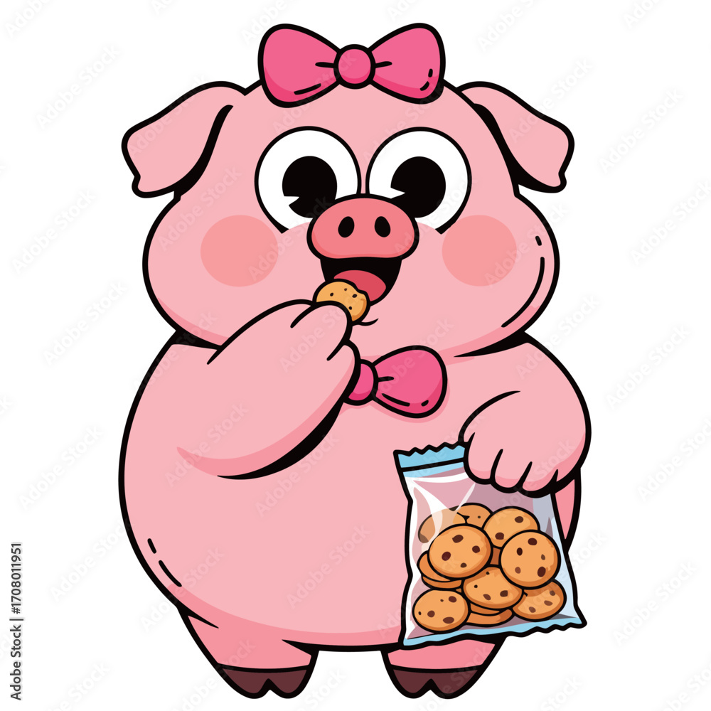 Fototapeta premium Adorable cartoon pig wearing a pink bow, happily eating a cookie and holding a bag of cookies, a sweet and joyful character.