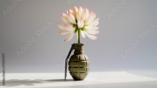 Fragile Hope: A delicate flower, symbolizing peace, blooms unexpectedly from within the stark form of a hand grenade, a potent visual metaphor for transformation and resilience.