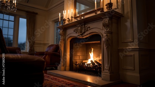 Cozy fireplace in a luxury living room interior