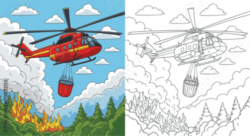 Firefighting Helicopter Coloring Page Illustration
