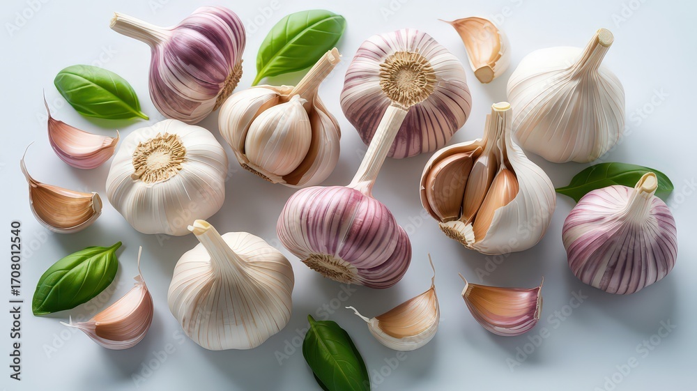 Fototapeta premium Garlic Bulbs and Cloves with Fresh Basil Leaves