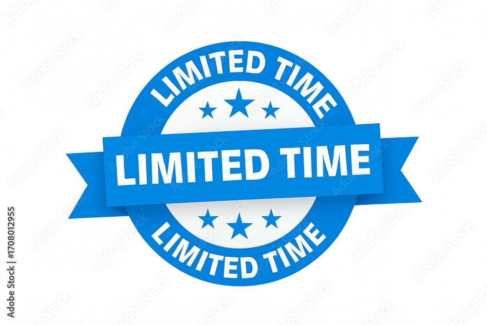 Obraz premium Blue circular badge with ribbon announcing limited time offer and sale