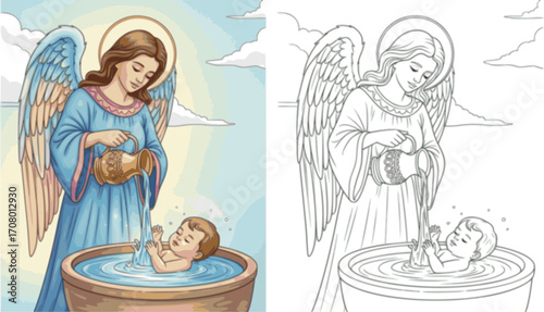 Baptism Baby Boy Coloring Page Illustration
