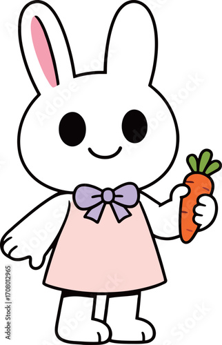 Simple and cute cartoon rabbit character in a pink dress, holding a fresh carrot, a sweet and gentle illustration.