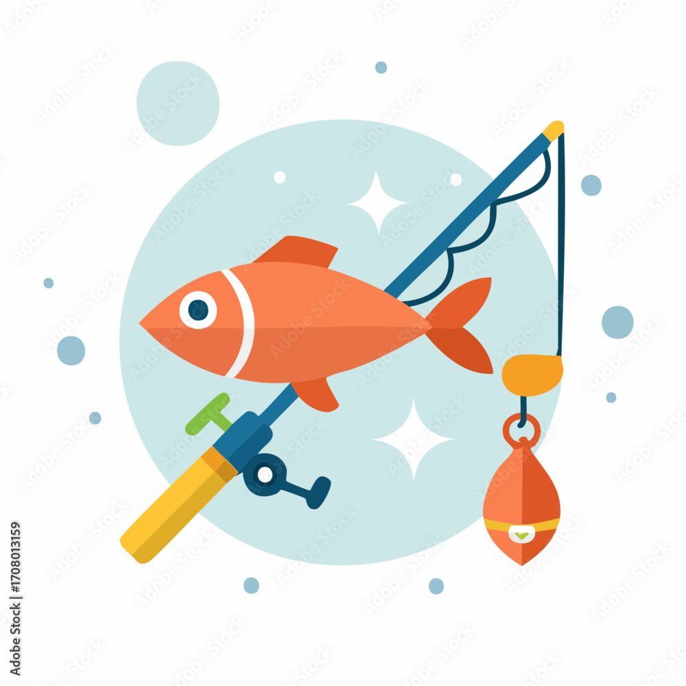Naklejka premium Catch of the Day: Vibrant illustration captures the thrill of fishing with a whimsical orange fish caught on the hook, the fishing rod pointing to the sky, evoking sense of joy and fun.
