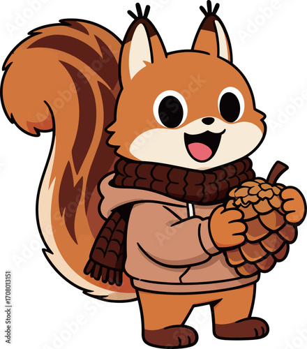 Cute cartoon squirrel in a hoodie and scarf, happily holding a pinecone, a cozy and warm autumn-themed illustration.