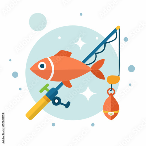 Catch of the Day: Vibrant illustration captures the thrill of fishing with a whimsical orange fish caught on the hook, the fishing rod pointing to the sky, evoking sense of joy and fun.