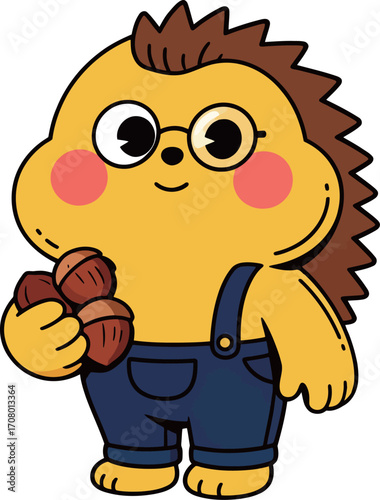 Cute yellow hedgehog with glasses and blue overalls, happily holding a bunch of acorns, a smart and charming character.