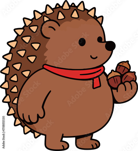 Adorable brown hedgehog wearing a red scarf, happily holding a handful of acorns, a classic autumn-themed character.