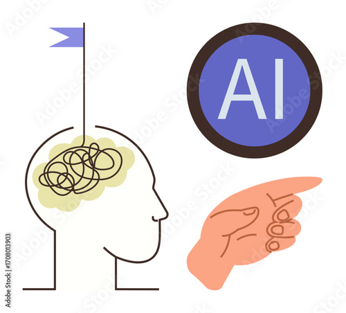 Head with tangled brain icon, hand pointing at AI symbol, representing creativity, problem-solving, innovation, decision-making, technology, learning and intelligence. Minimalistic flat style