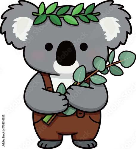 Adorable cartoon koala in overalls and a leaf crown, holding a branch of eucalyptus leaves, a sweet and gentle forest creature.