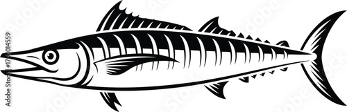 Striking Wahoo Fish Illustration Detailed Black and White Graphic Depiction of a Majestic Underwater Predator Marine Animal Emblem