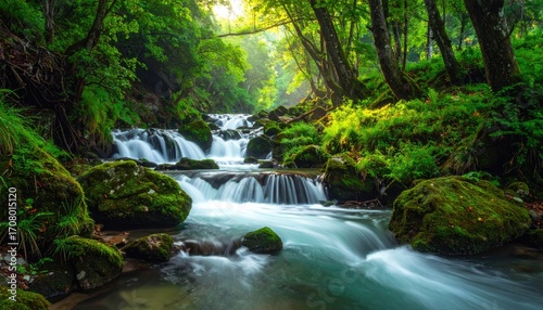 Scenic Lush Forest River with Mossy Rocks and Cascading Water in Green and Brown Nature Background with Sunlight Streaming Through Trees Tranquil Landscape