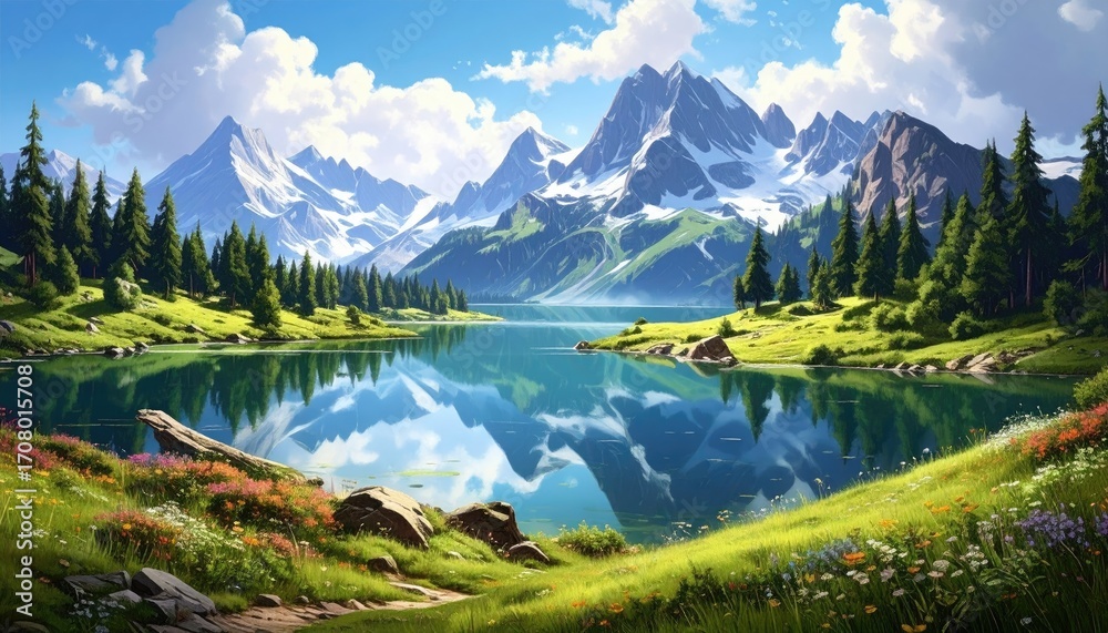 Fototapeta premium Scenic Mountain Lake Landscape with Snowy Peaks Lush Greenery and Clear Sky Reflection