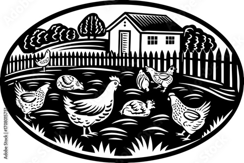Black and White Farm Chicken Coop Illustration Art