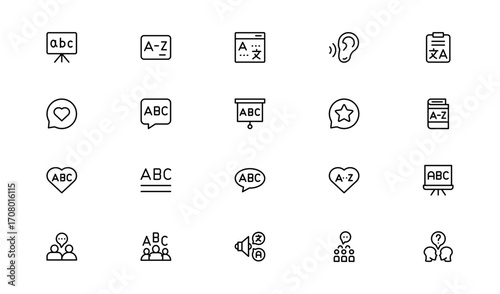 Linguistics and phonetics line icon set with editable, pixel-perfect illustrations. Includes professional, modern, and minimal vector icons ideal for language-related visuals.