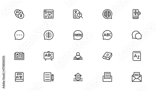 Linguistics and phonetics line icon set with editable, pixel-perfect illustrations. Includes professional, modern, and minimal vector icons ideal for language-related visuals.