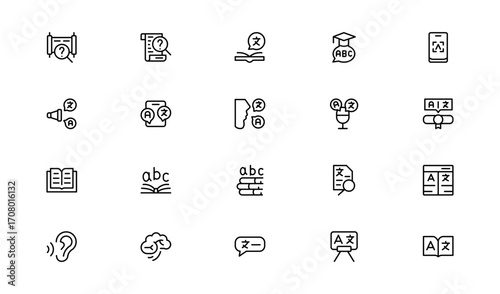 Linguistics and phonetics line icon set with editable, pixel-perfect illustrations. Includes professional, modern, and minimal vector icons ideal for language-related visuals.