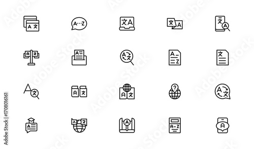 Linguistics and phonetics line icon set with editable, pixel-perfect illustrations. Includes professional, modern, and minimal vector icons ideal for language-related visuals.
