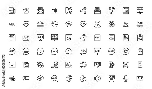 Linguistics and phonetics line icon set with editable, pixel-perfect illustrations. Includes professional, modern, and minimal vector icons ideal for language-related visuals.