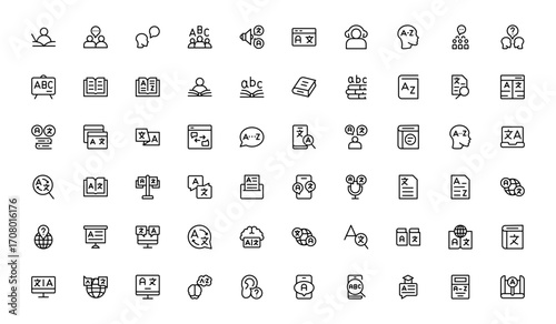Linguistics and phonetics line icon set with editable, pixel-perfect illustrations. Includes professional, modern, and minimal vector icons ideal for language-related visuals.