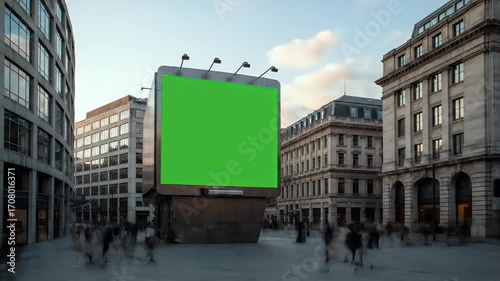 Large Green Screen Billboard in Bustling City Square at Sunset, Ready for Your Advertisement or Message Mockup