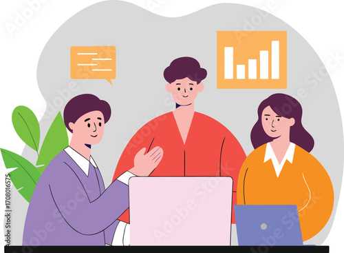 Three colleagues in a relaxed office environment, actively listening to each other while analyzing data and making important decisions for their business