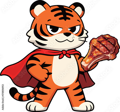 A fierce and bold cartoon illustration of a tiger mascot, wearing a red cape and holding a large grilled steak with a powerful and confident expression.