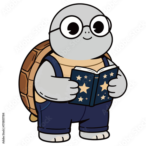 An endearing and intelligent cartoon illustration of a tortoise mascot, wearing glasses and overalls while holding a book with a magical starry cover.