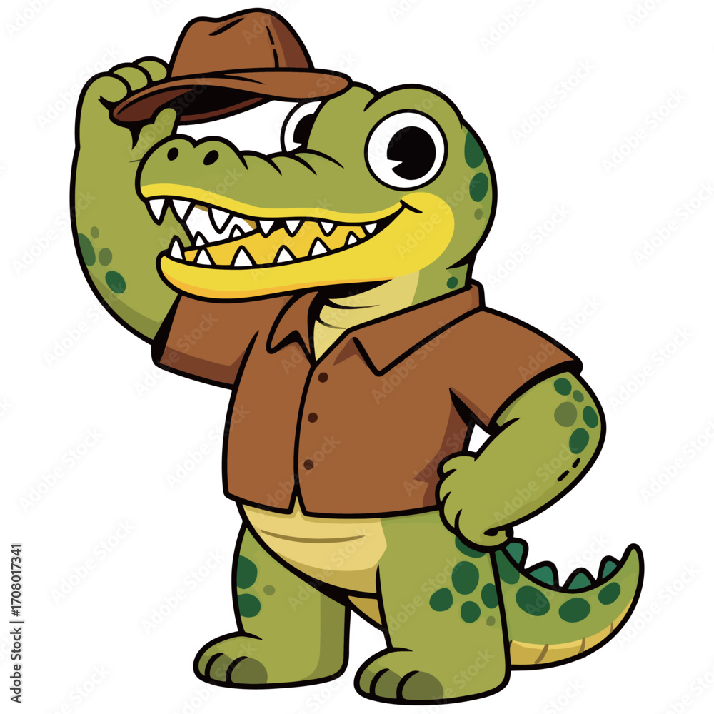 Obraz premium An adventurous and charming cartoon illustration of a crocodile mascot, wearing a brown safari shirt and tipping a matching hat, with a wide, confident smile.
