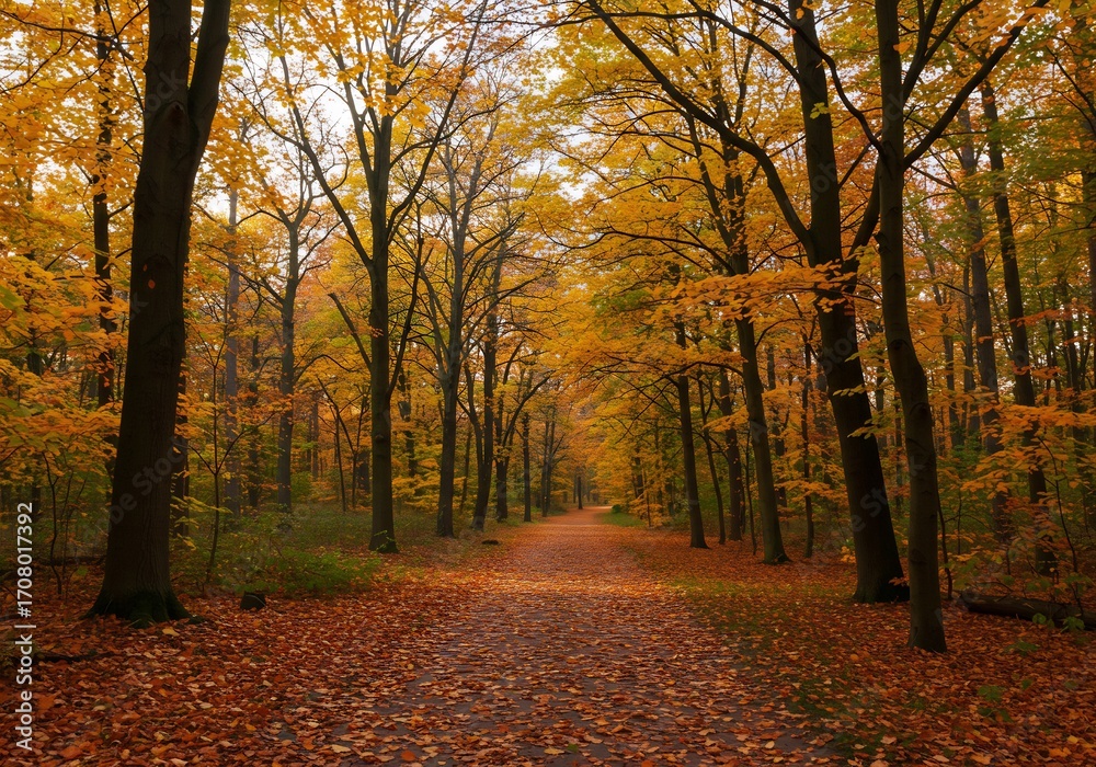 Fototapeta premium 秋の黄葉道、森の遊歩道写真