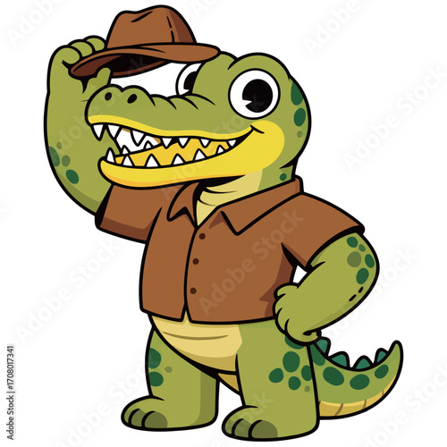 An adventurous and charming cartoon illustration of a crocodile mascot, wearing a brown safari shirt and tipping a matching hat, with a wide, confident smile.