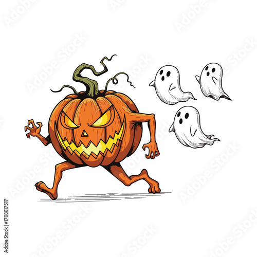 Spooky Jack-o'-lantern Running Away from Ghosts
