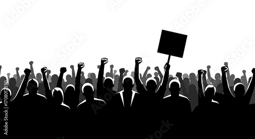Silhouette Crowd of Protesters Holding Signs and Raising Fists in Demonstration