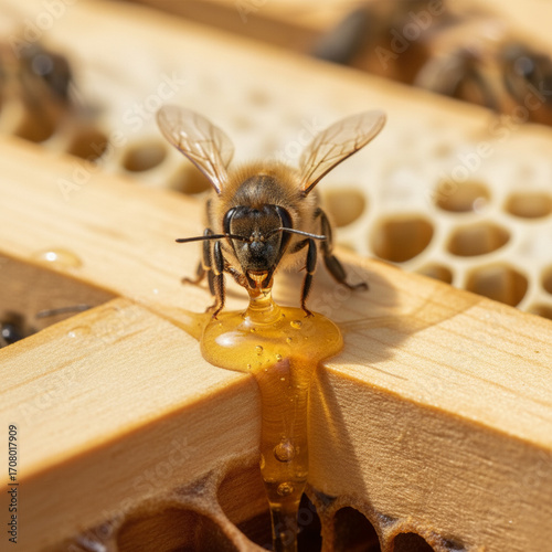  A single bee with a drop of honey on its leg is seen up close on a honeycomb frame.