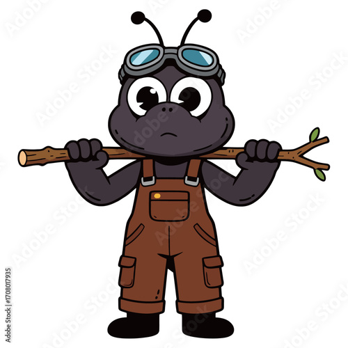 A determined cartoon illustration of a strong ant mascot, wearing goggles and brown overalls, carrying a large wooden stick over its shoulders.