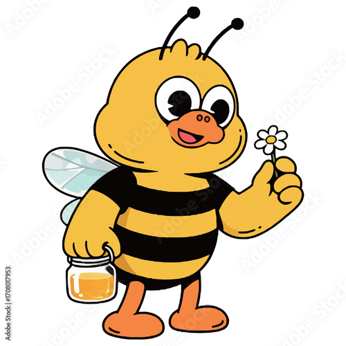 A delightful and charming cartoon illustration of a friendly bee mascot, with wings and a cute expression, holding a daisy flower and a jar of liquid honey.