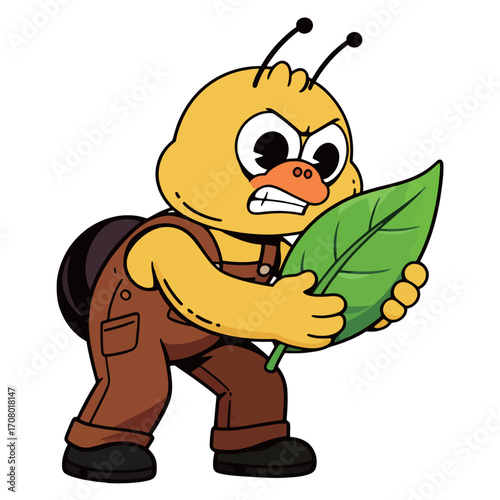 A serious and determined cartoon illustration of a snail mascot, with a shell on its back and overalls, fiercely holding a large green leaf.