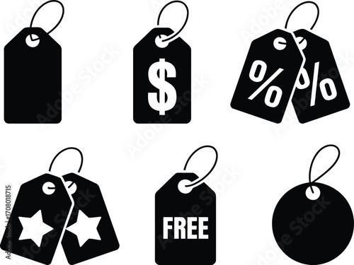 Assortment of Price Tags with Dollar Sign, Percentage, Free, Stars, and a Blank Tag for Diverse Retail Needs